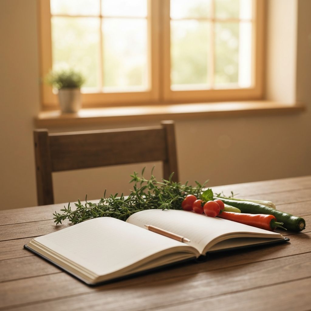 Calm educational workspace with herbs and vegetables